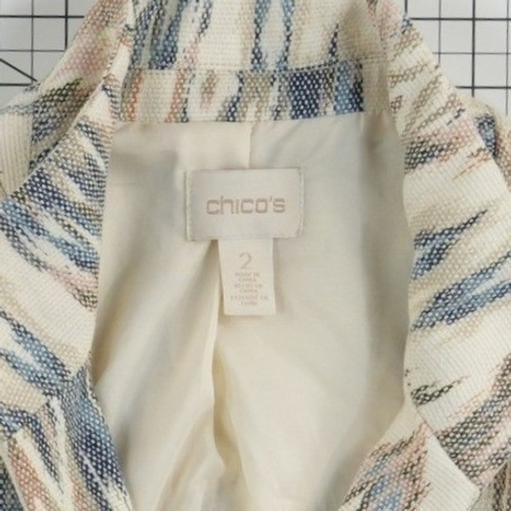 Chicos Blazer Jacket Women's.Size 2 US Large Blue Tan Ikat Open Front Woven - Picture 5 of 8